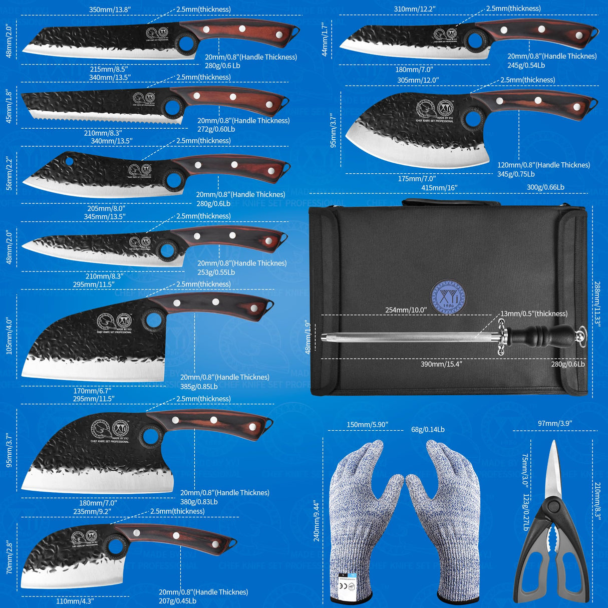 XYJ Professional Serbian Chef Knife Set with Roll Bag, Japanese Culinary Knives, Meat Cleaver, Kitchen Chopping Knife, and Protective Sleeves, Perfect for Home Cooking or Outdoor Camping (13) XYJ