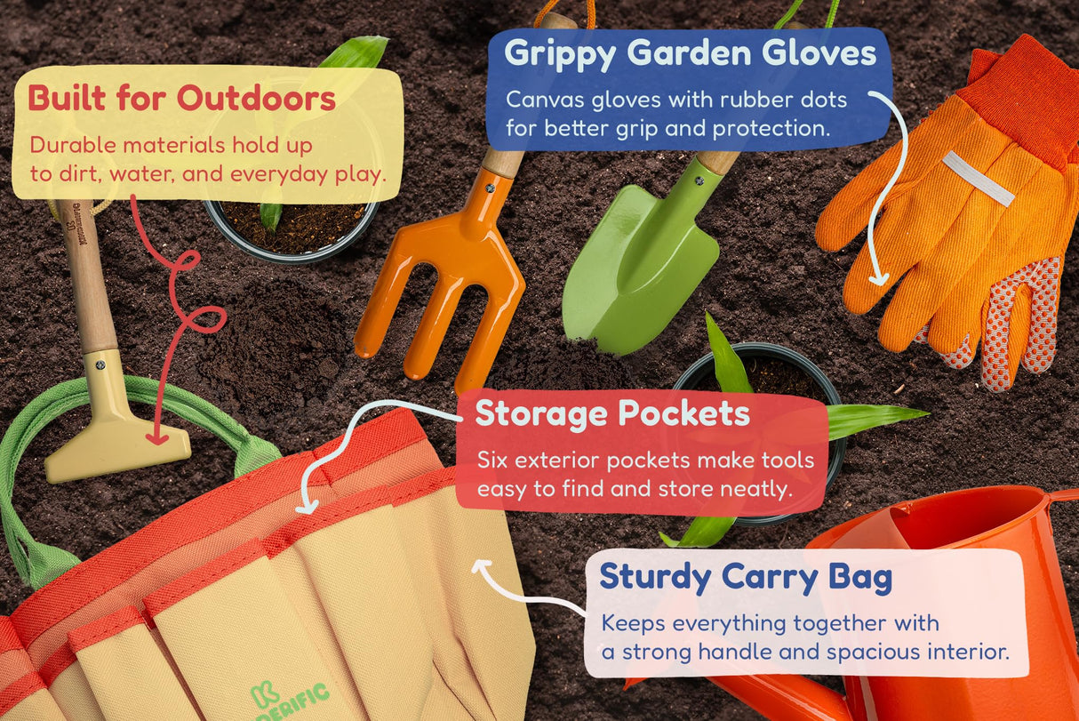 Kinderific Gardening Set, Tool Kit, for Kids, STEM, Includes Tote Bag, Spade, Watering Can, Rake, Fork, Trowel and Gloves (Sunshine) Kinderific