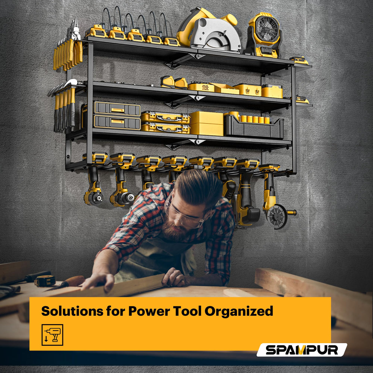 Spampur Power Tool Organizer with Charging Station, 8 Drill Holder Wall Mount, 4 Layer Storage Rack for Garage storage, Heavy Duty Utility Racks, Tool Battery Shelf with 6 Outlet Power Strip Spampur