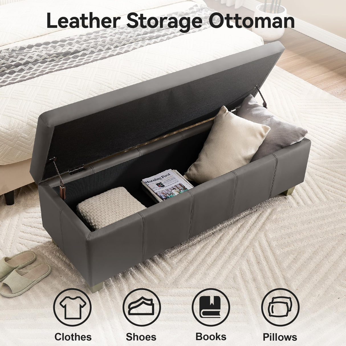WUTUTUEE 41" Faux Leather Storage Ottoman, Stitch Tufted Rectangle Upholstered End of Bed Storage Bench, Entryway Large Couch Ottoman with Wooden Legs,Dark Grey WUTUTUEE