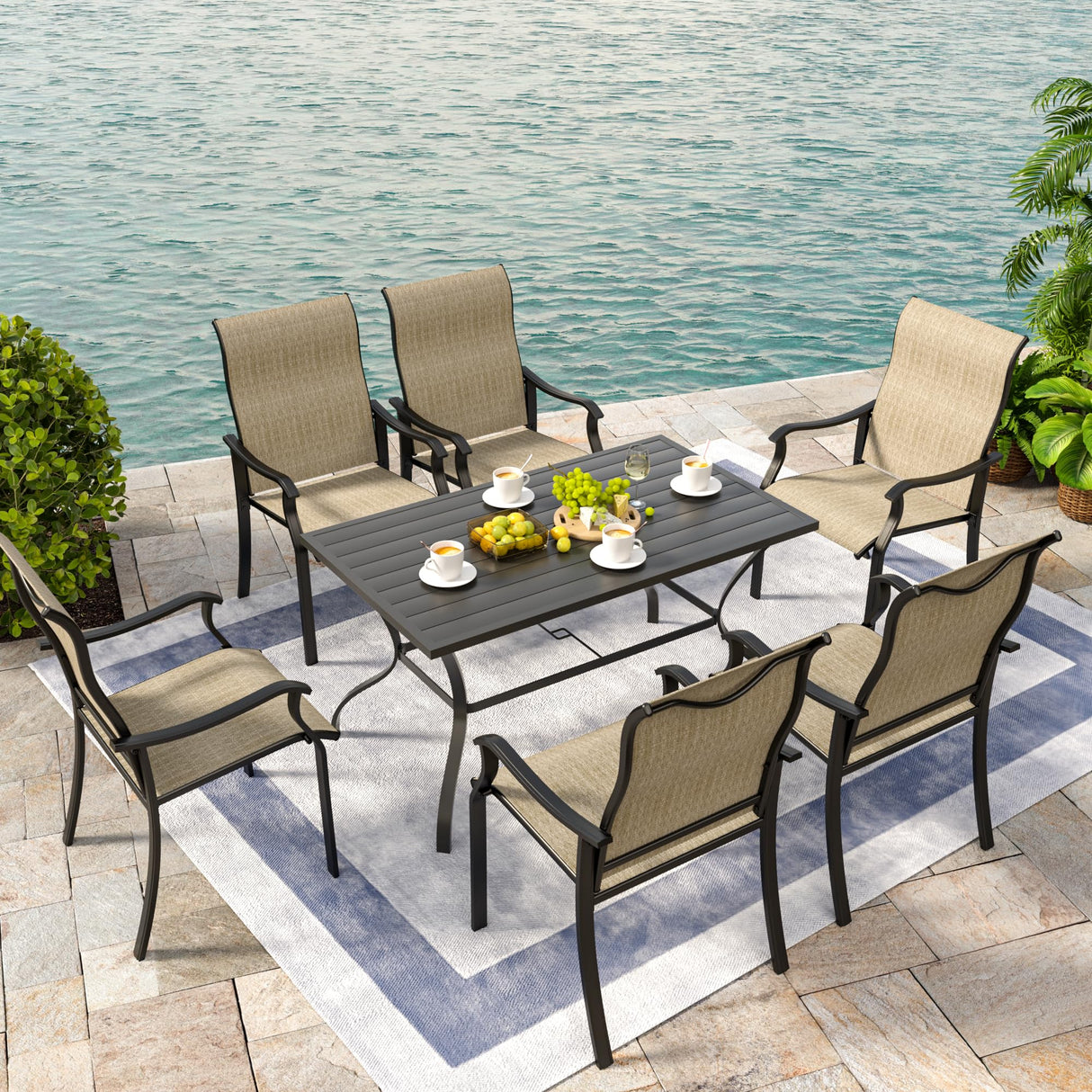 UDPATIO Patio Dining Chairs Set of 6, Outdoor Textilene Dining Chairs with High Back, Patio Furniture Chairs with Armrest, Metal Frame for Lawn Garden Backyard Deck, Brown UDPATIO