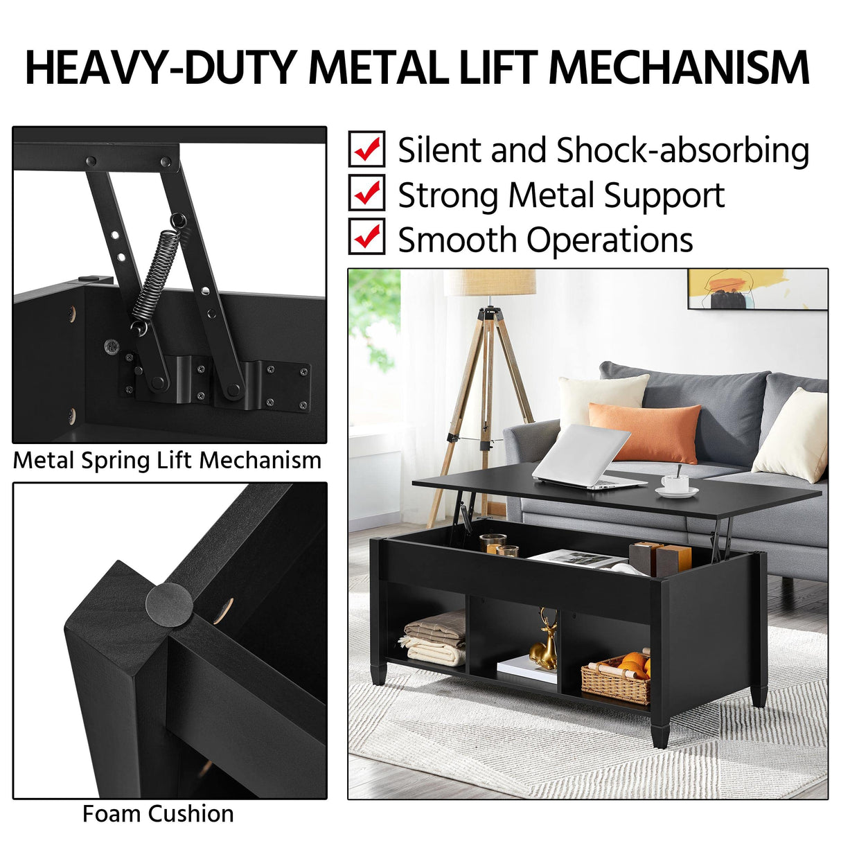 Topeakmart Lift Top Coffee Table w/Hidden Storage & Shelves, Lifting Pop-Up Tabletop Center Table for Living Room Reception Room Black, 47.5" L Topeakmart