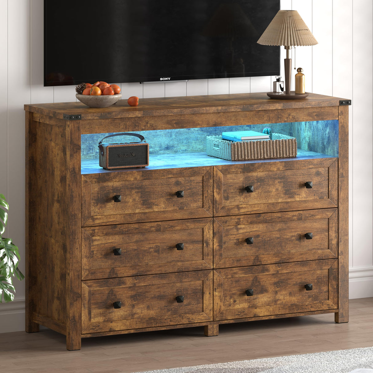 Dresser for Bedroom with 6 Drawers, Wide Chest of Drawers with LED Light and Power Outlet, Wooden Closet Organizer Clothes Storage Cabinet, Modern Double Dressers for Living Room, Hallway, Brown Xixini