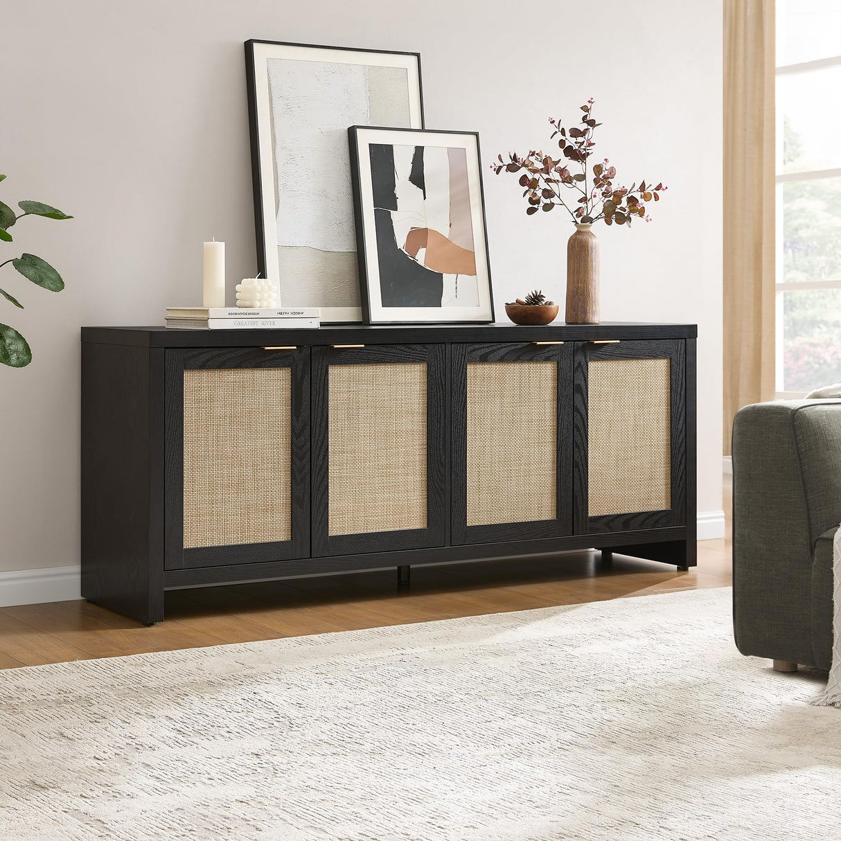 SICOTAS TV Stand for Living Room Boho Entertainment Center for Bedroom with 4 Rattan Cabinets Farmhouse Television Stands with Storage Large Media Console Table for TVs up to 45 50 55 60 65 Inch SICOTAS