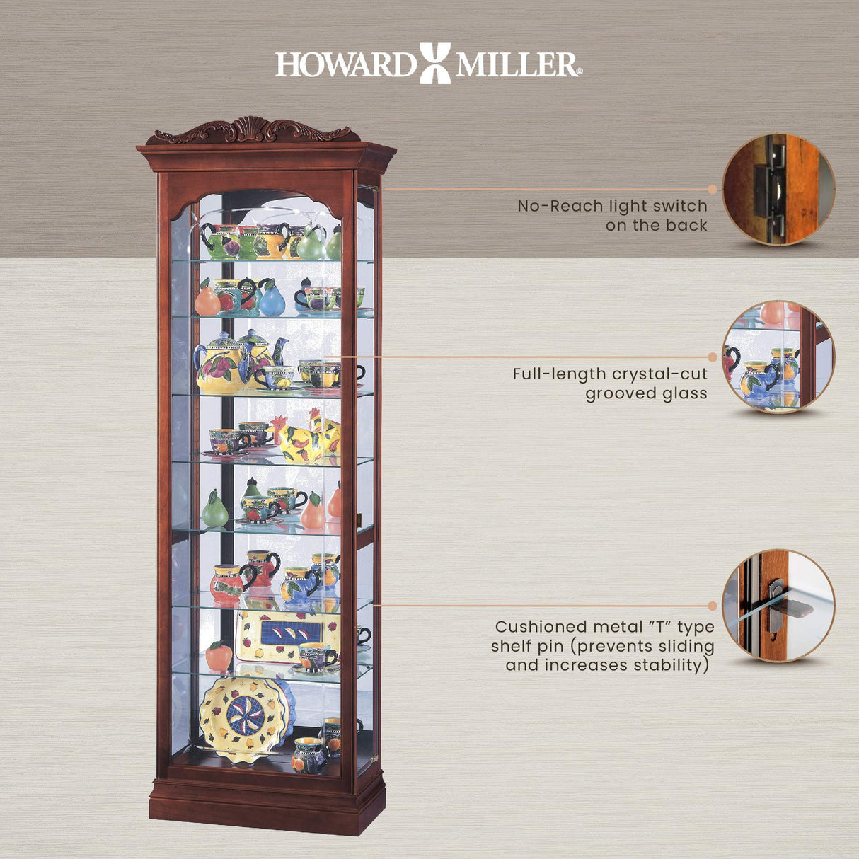 Howard Miller Hastings Curio Cabinet II, Portable Storage Cabinet Adjustable Glass Shelves with Lockable Side Opening Door, Wood Finish Perfect for Collectibles, Living Room & Office & Home Decor Howard Miller