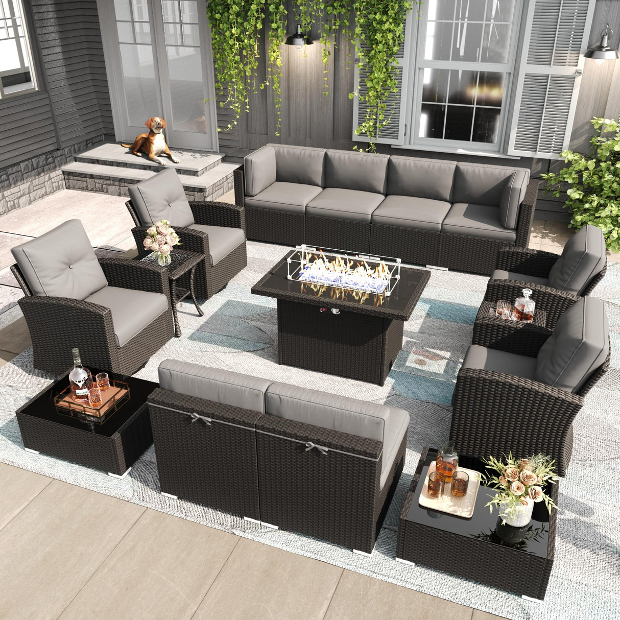 LayinSun 15 Pieces Patio Furniture Set with Fire Pit Table, Black Rattan Modular Sectional Outdoor Conversation Sofa Set, Swivel Rocking Chairs Set LayinSun