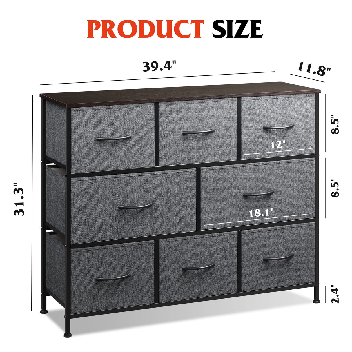 WLIVE Fabric Dresser, Storage Drawer Unit, Bedroom Dresser TV Stand for 32 40 43 inch TV, Wide Dresser with 8 Large Deep Drawers for Office, College Dorm, Dark Grey WLIVE