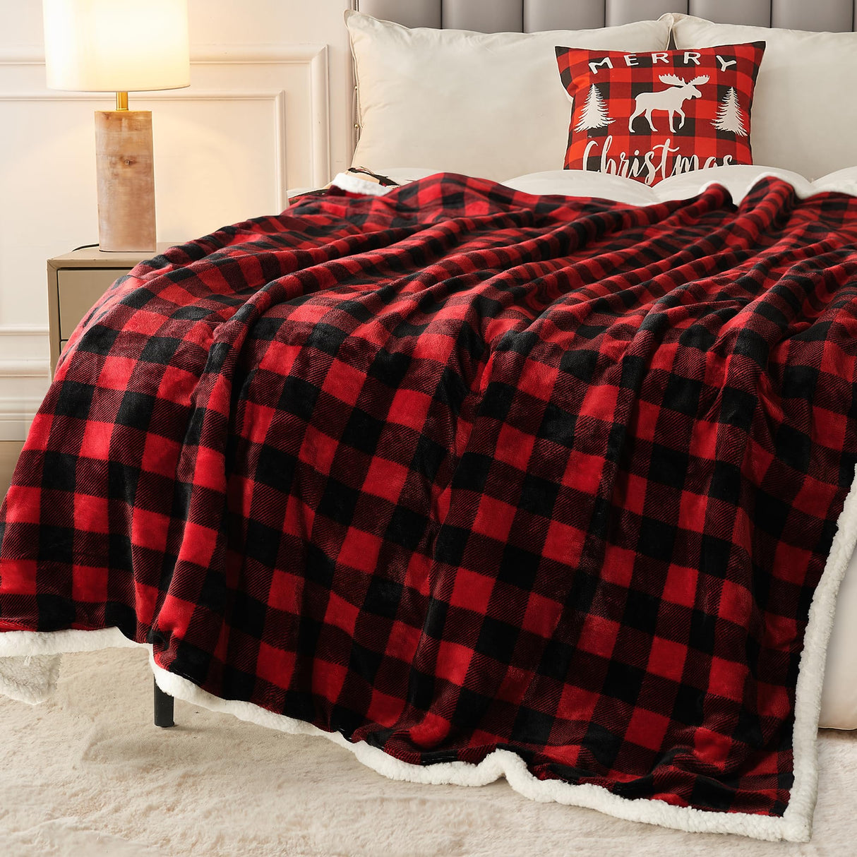 BEAUTEX Christmas Sherpa Fleece Throw Blanket, Super Soft Warm Buffalo Plaid Plush Blankets and Throws, Warm Winter Cozy Fuzzy Blanket for Couch Sofa Bed (Red, 50" x 60") BEAUTEX