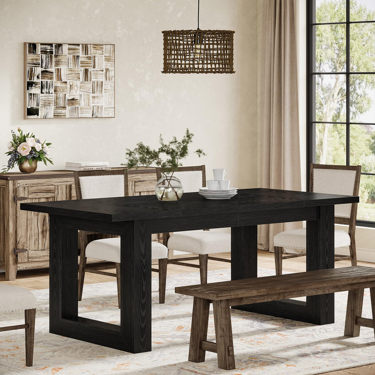Tribesigns Farmhouse Dining Table for 4-6 People, 63-Inch Wooden Kitchen Furniture with Solid Wooden Pedestal, Large Rectangular Dinner Table for Dining Room (Black) Tribesigns