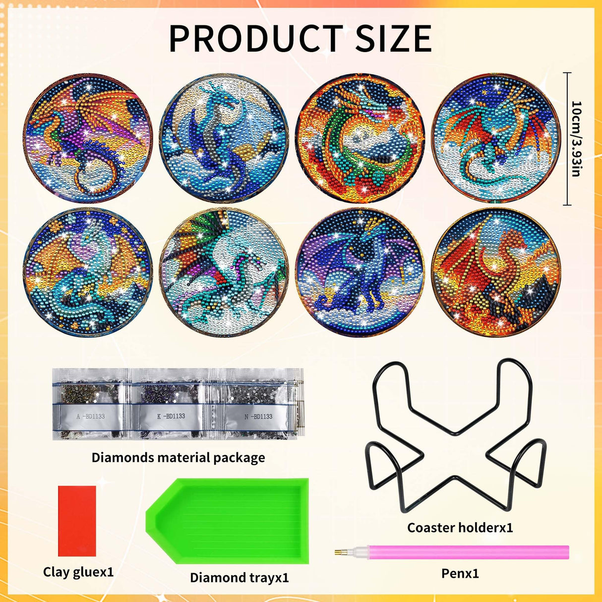 Dragon Diamond Art Coasters Kit: 8 Pcs Fantastic Dragon Diamond Painting Coasters with Holder and Cork Pads, DIY Coaster Craft Set for Adults Beginners Home Decor Gifts CRASHOT