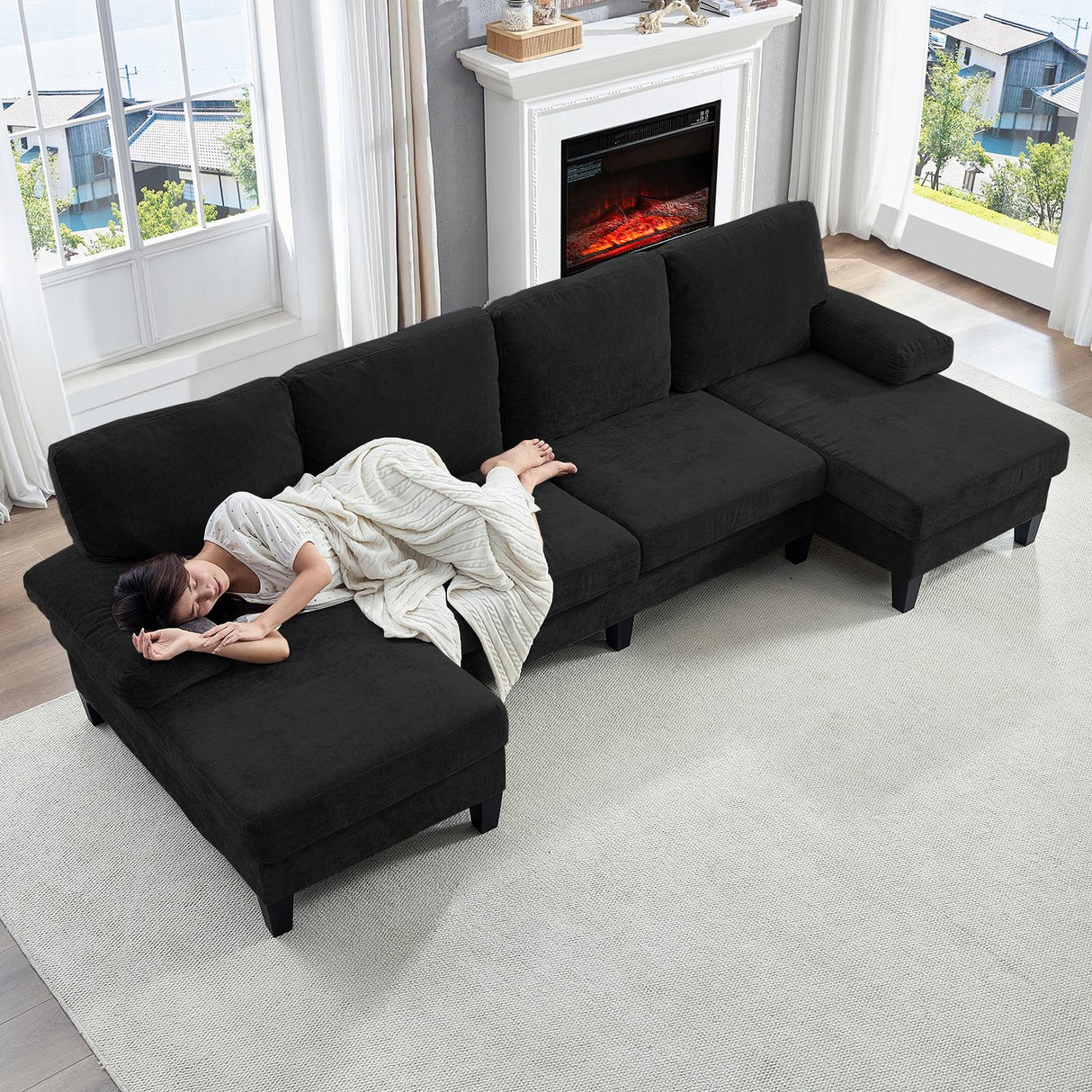 ijuicy 110" U Shaped Couch with Double Chaises, Sectional Couches for Living Room with Sleepable Armrest, 4 Seater Sofa Set/Sectional Sofa, Living Room Furniture (Chenille, Black) ijuicy