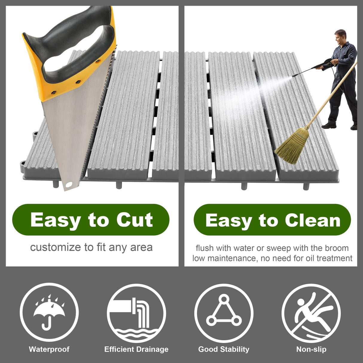 PrimeZone 54 PCS Plastic Interlocking Patio Deck Tiles - 12" x 12" Waterproof Indoor Outdoor Flooring, Patio Floor Decking for Balcony, Backyard, Garden & Poolside, All Weather Use, Grey PrimeZone