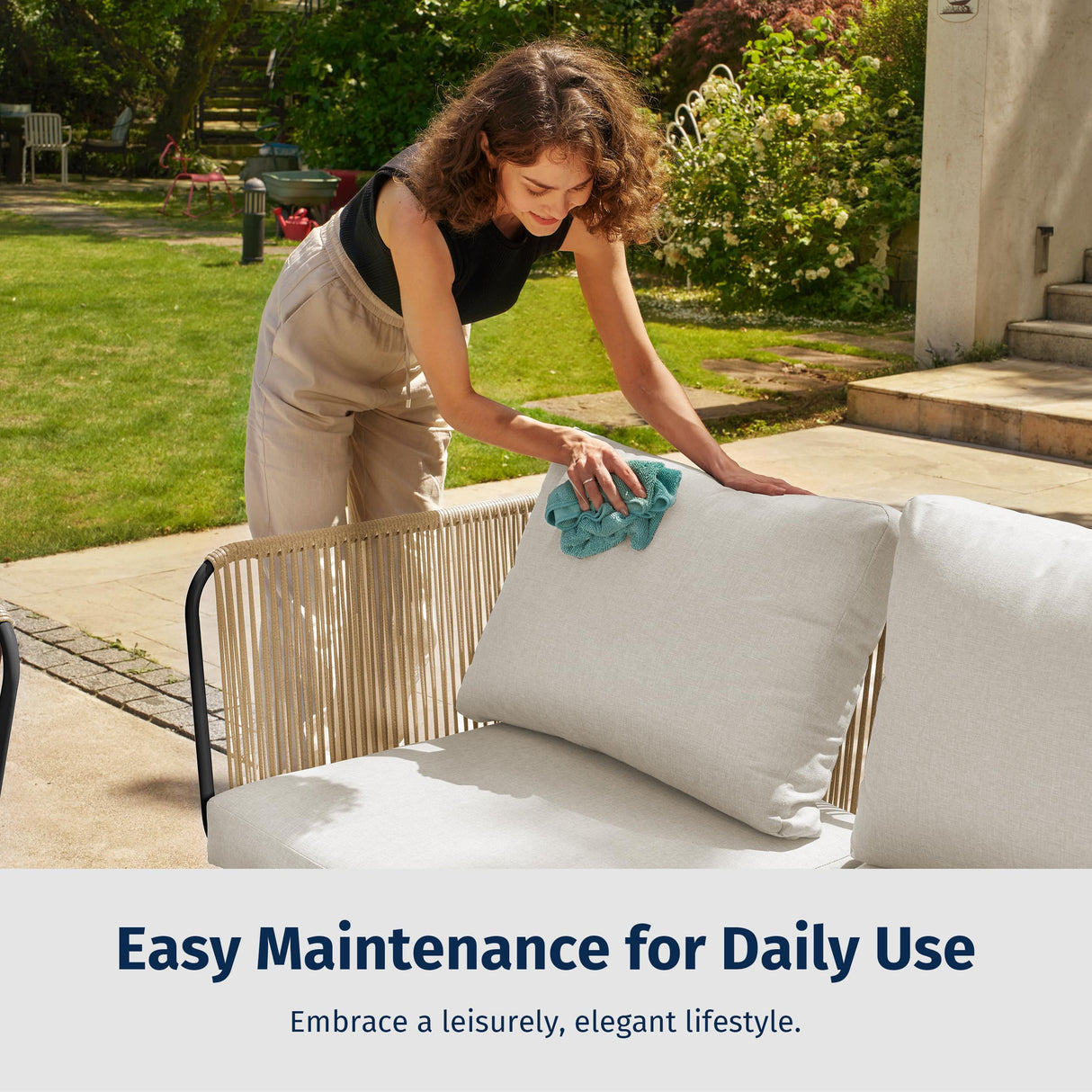 EAST OAK 5-Piece Modular Patio Furniture Set, Outdoor Corner Sofa with Thick Cushion and Glass Coffee Table, Modern Patio Conversation Set for Garden, Backyard and Porch, Creamy Apricot & Griege EAST OAK