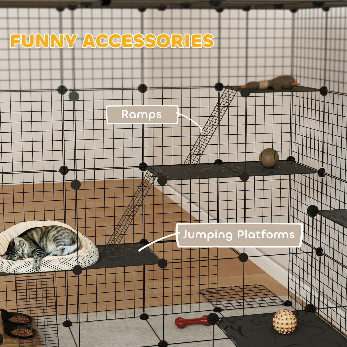 PawHut Cat Cage, 4 x 4 x 4 DIY 4 Tier Cat Enclosure, Detachable Wire Indoor Catio with Hammock, Jumping Platforms, Ramps, Doors, for 1-3 Kittens, 55" L x 55" W x 55" H, Black PawHut