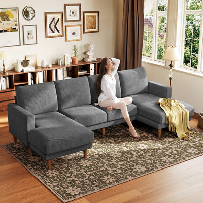 Kidirect Grey U Shaped Couch with Chaises, 106" Corduroy Sectional Couches for Living Room No Tool Assembly, 4 Seats Loveseat Sofa Comfy Sectional Sofas for Living Room Apartment Home 900lb Load