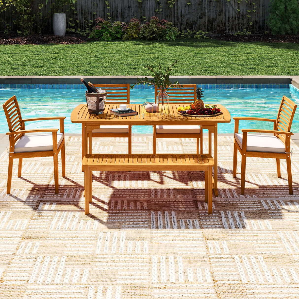 Tangkula 6 Pieces Outdoor Acacia Wood Dining Set, Rectangle Patio Dining Table with Umbrella Hole and 4 Cushioned Chairs and Bench, for Backyard Garden Poolside Deck Tangkula
