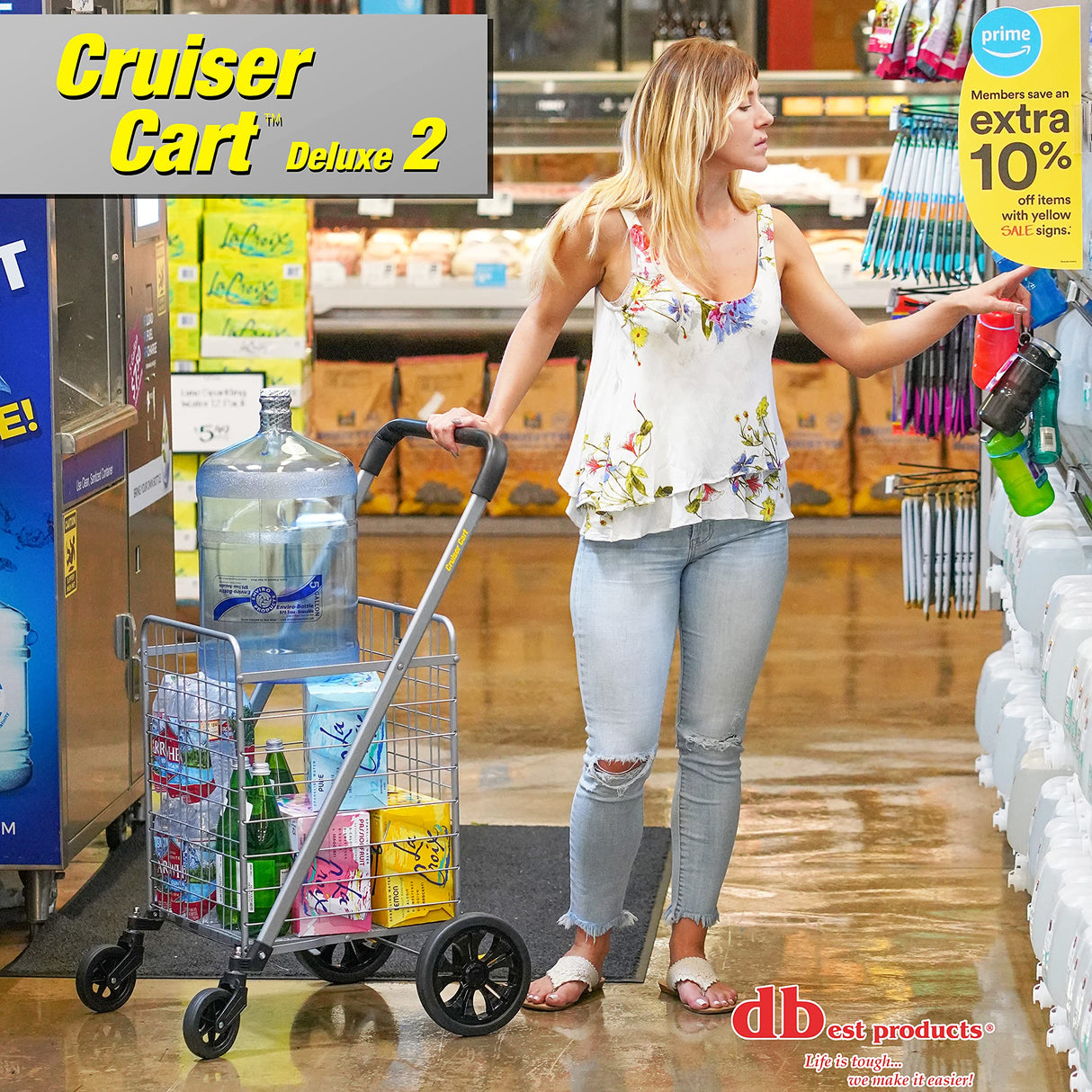 dbest products Cruiser Cart Deluxe 2 Shopping Grocery Rolling Folding Laundry Basket on Wheels Foldable Utility Trolley Compact Lightweight Collapsible, Silver dbest products