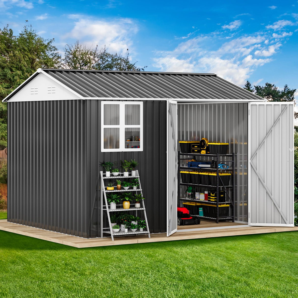 DWVO 10x8ft Large Tool Storage Shed with Window, Lockable Doors, and Sloped Roof, Oversized Steel Outdoor Storage Shed for Garden, Patio, Garage, Backyard, Lawn - Gray & White DWVO