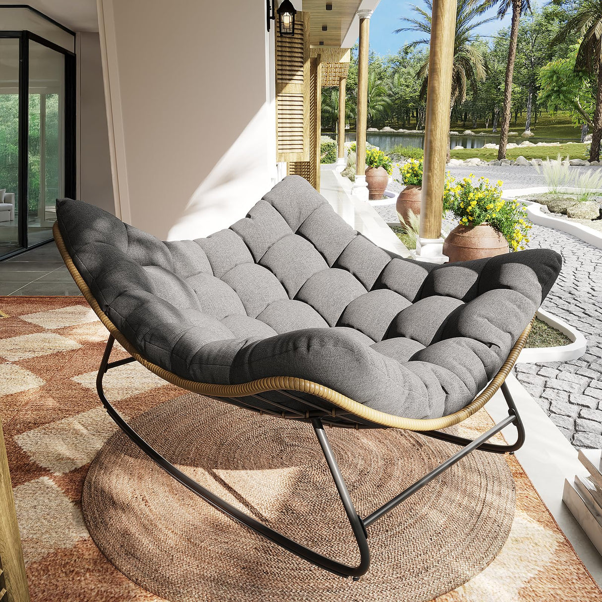 VONZOY Outdoor Rocking Chair, Indoor Papasan Chair, Oversized Egg Rocking Chair with Thick Cushion, Rattan Wicker Rocker Lounge Chair for Bedroom, Living Room, Patio, Garden, Porch (Dark Grey) VONZOY
