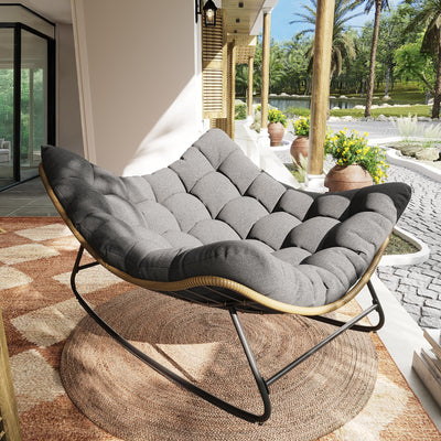 VONZOY Outdoor Rocking Chair, Indoor Papasan Chair, Oversized Egg Rocking Chair with Thick Cushion, Rattan Wicker Rocker Lounge Chair for Bedroom, Living Room, Patio, Garden, Porch (Dark Grey)