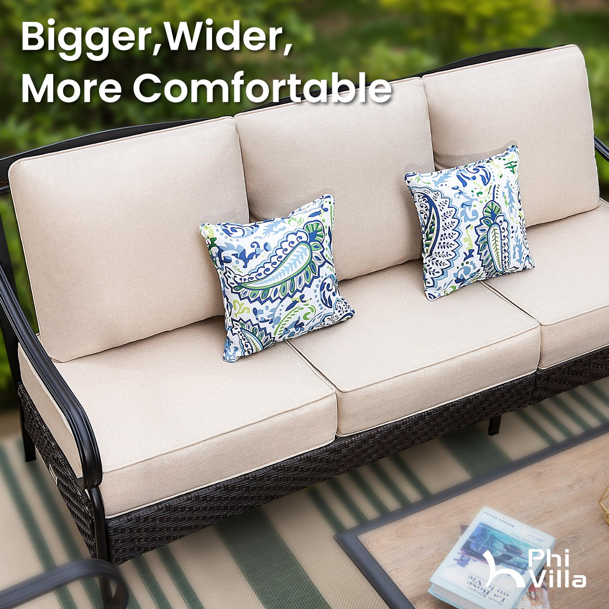 PHI VILLA Wicker & Metal Outdoor Patio Couch,3-Seat Patio Sofa with Deep Seating for Front Porch, Deck, Balcony, Backyard, Sunroom PHI VILLA