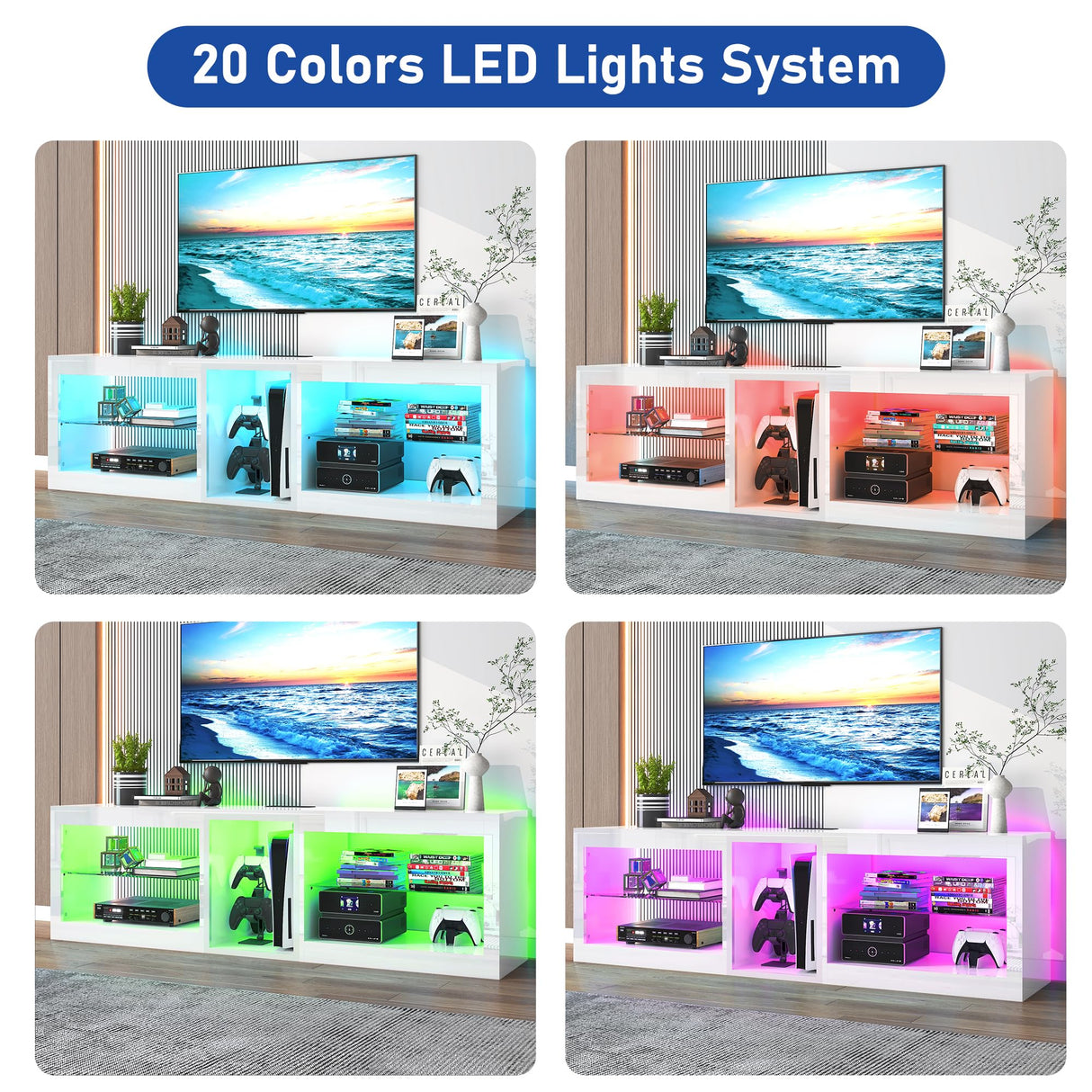Vinctik 6&Fox High Gloss LED TV Stands w/Power Outlet,60,000-Colors Lighting for 55 60 65 70in TV,Modern White LED Entertainment Center w/Adjustable Glass Shelves for Living Room Gameroom Bedroom Vinctik 6&Fox