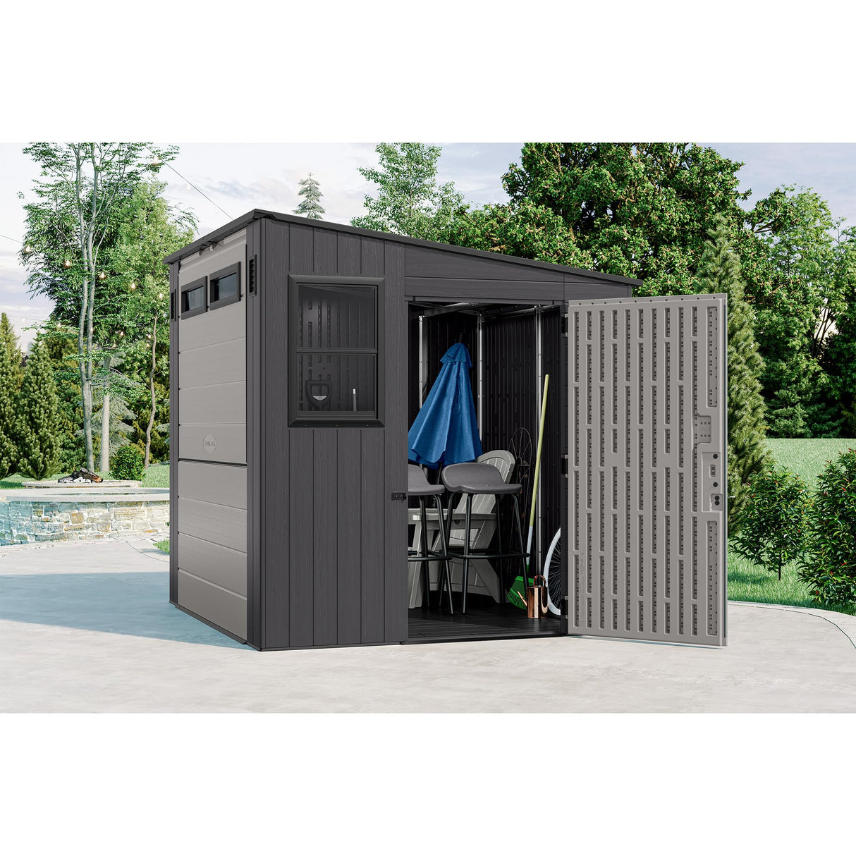 Suncast 8' x 7' Cabana Entertainment Storage Shed, All-Weather Outdoor Backyard Shelter with 2 Windows and Fold-Down Bar Top, Gray Suncast