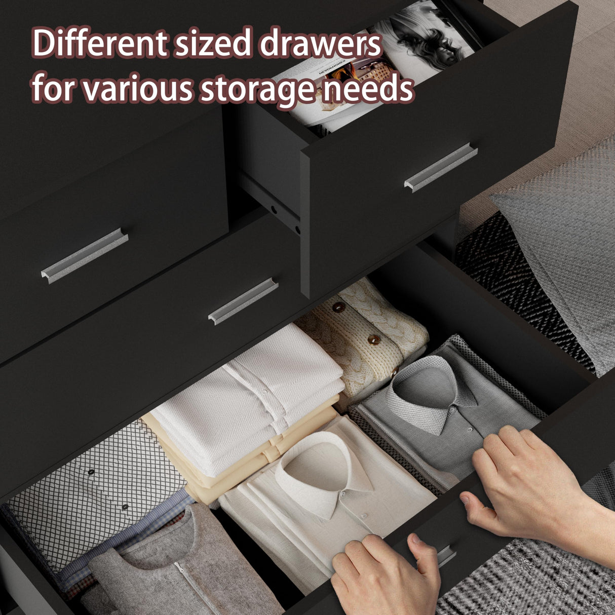 FJTJBSI Dresser with Power Outlets Wooden 6 Drawer Dresser with Large Organizer Black Tall Storage Organizer with Smooth Metal Rail Modern Chest of Drawers Closet for Bedroom Hallway FJTJBSI