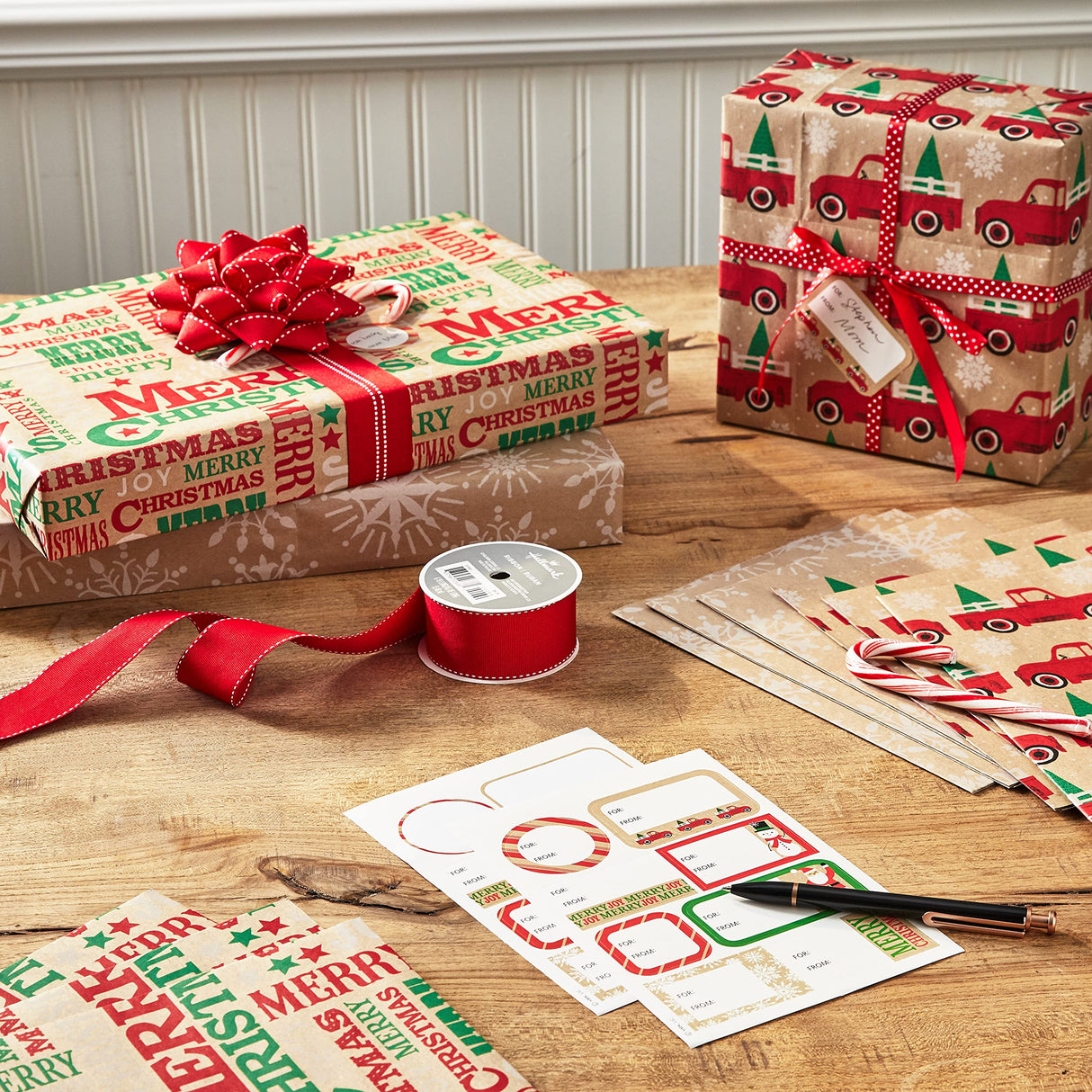 Hallmark Christmas Flat Wrapping Paper Sheets - Recyclable Kraft Gift Wrap Paper (12 Folded Sheets with Sticker Seals) Rustic Red Trucks, White Snowflakes, Merry Christmas Lettering Hallmark