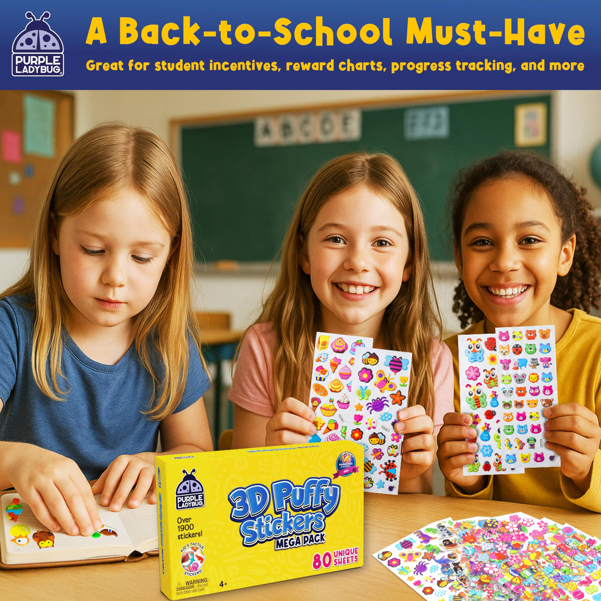 Purple Ladybug 1900+ Puffy Sticker Collection for Kids 4-8 - 80 Unique Reusable Sheets, Creative 3D Designs - Reward Stickers, Arts & Crafts Set, Travel Activities, Road Trip Essentials & Toys PURPLE LADYBUG