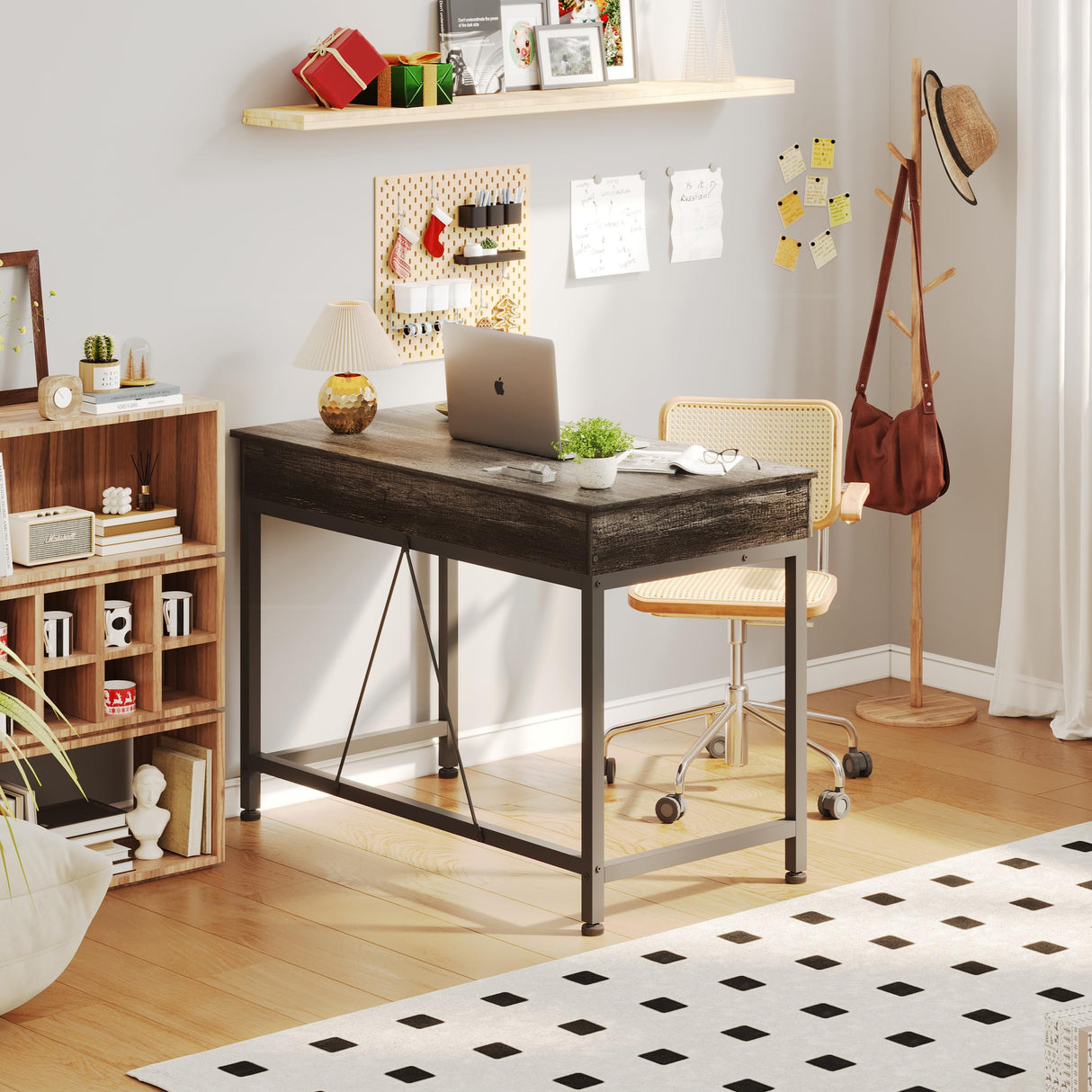 Mexin Small Desk with 2 Wooden Drawers, 40 Inch Home Office Writing Desk, Vanity Desk with Storage, Computer Desk for Bedroom Small Spaces, Desk Table for Office, Kids Study, Makeup, Grey Oak Mexin