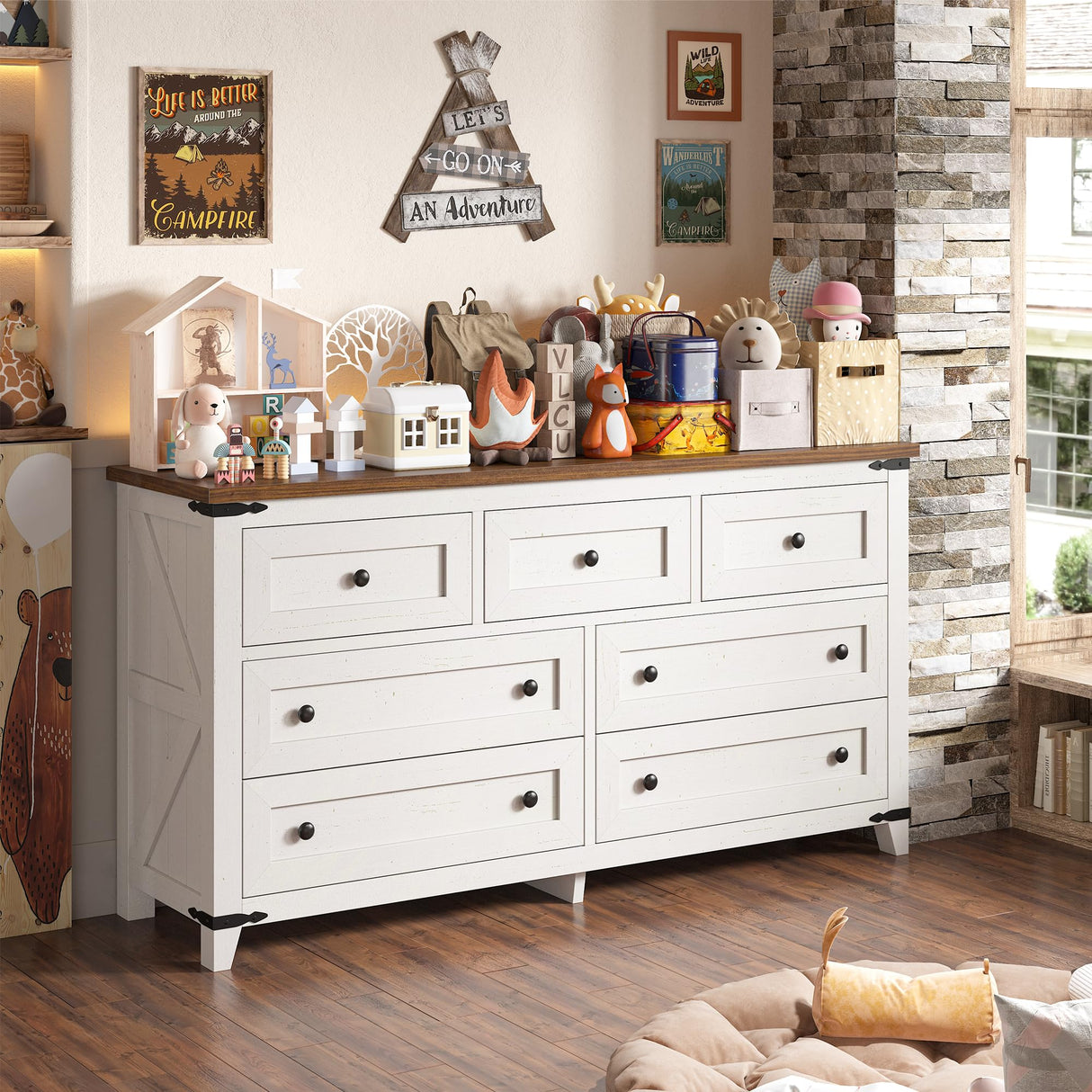 EnHomee Dresser for Bedroom Wood Dresser with 7 Drawers White Dresser with Smooth Metal Rail Long Dressers & Chests of Drawers Farmhouse Dresser for Bedroom Dresser TV Stand, Closet, Antique White EnHomee