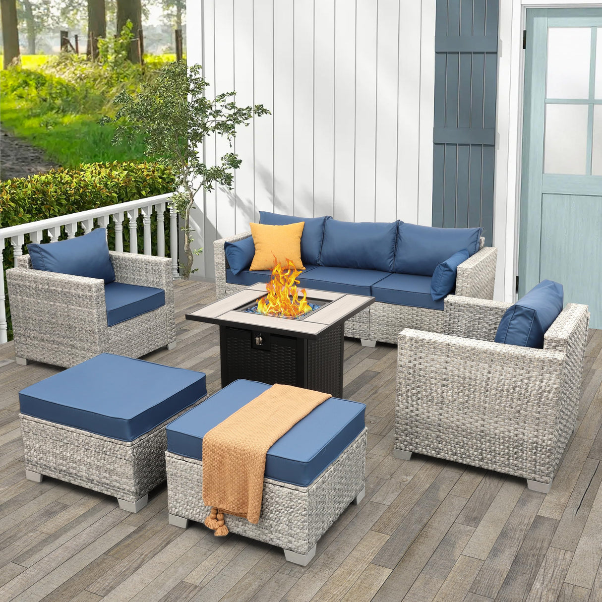 WAROOM Patio Furniture Set 6 Piece Outdoor Patio Set Grey Wicker Balcony Furniture Conversation Sets PE Rattan Couch Sofa with Fire Pit Table, Blue Cushion WAROOM