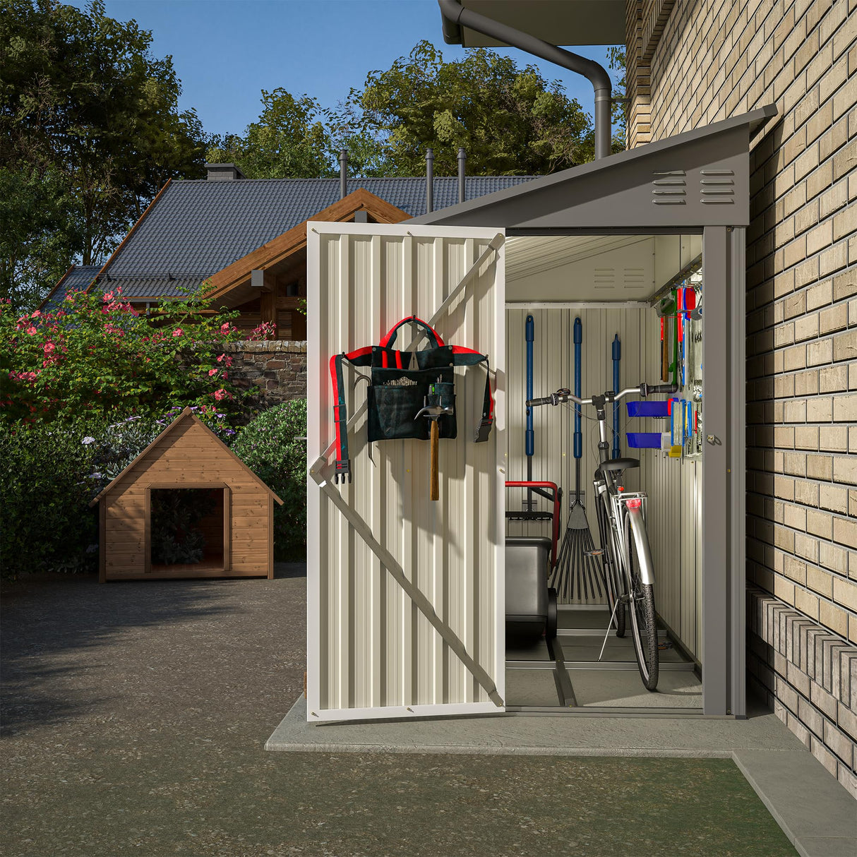 LZbeiteM Shed Lean to Storage Shed, Outdoor 4' x 8' Metal Wall Side Storage Sheds & Outdoor Storage, Garden Storage Cabinet for Backayrd, Patio and Outdoor Use,Grey LZBEITEM