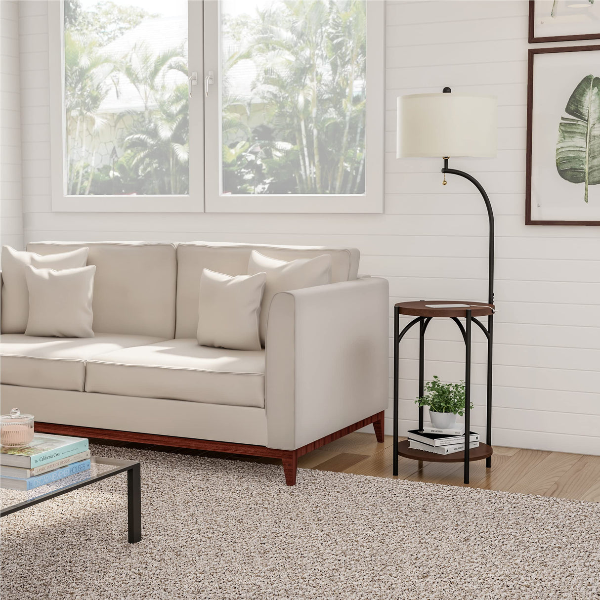 Lavish Home Floor Lamp with End Table - Modern Rustic Side Shelves with USB Charging Port, LED Light Bulb, and Drum-Shaped Shade - Standing Lights Lavish Home