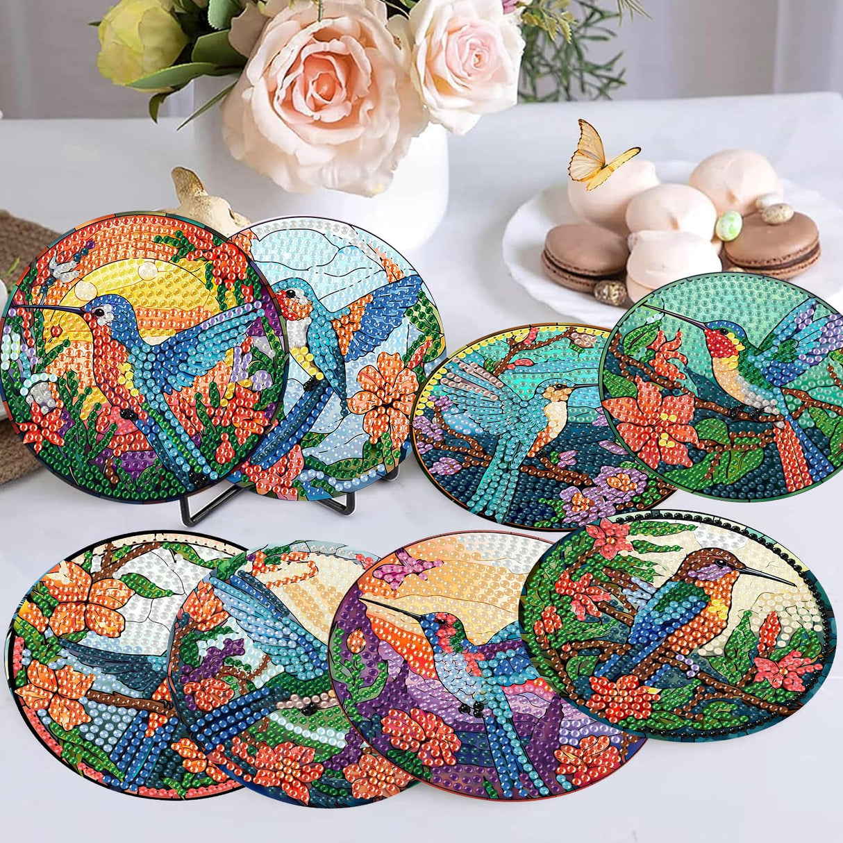 mrpwnle 8 PCS Diamond Painting Art Coaster Set with Holder Diamond Art Coasters DIY Hummingbird Diamond Painting Coasters Kit for Adults Beginners Bird Diamond Art Coasters Crafts Supplies mrpwnle