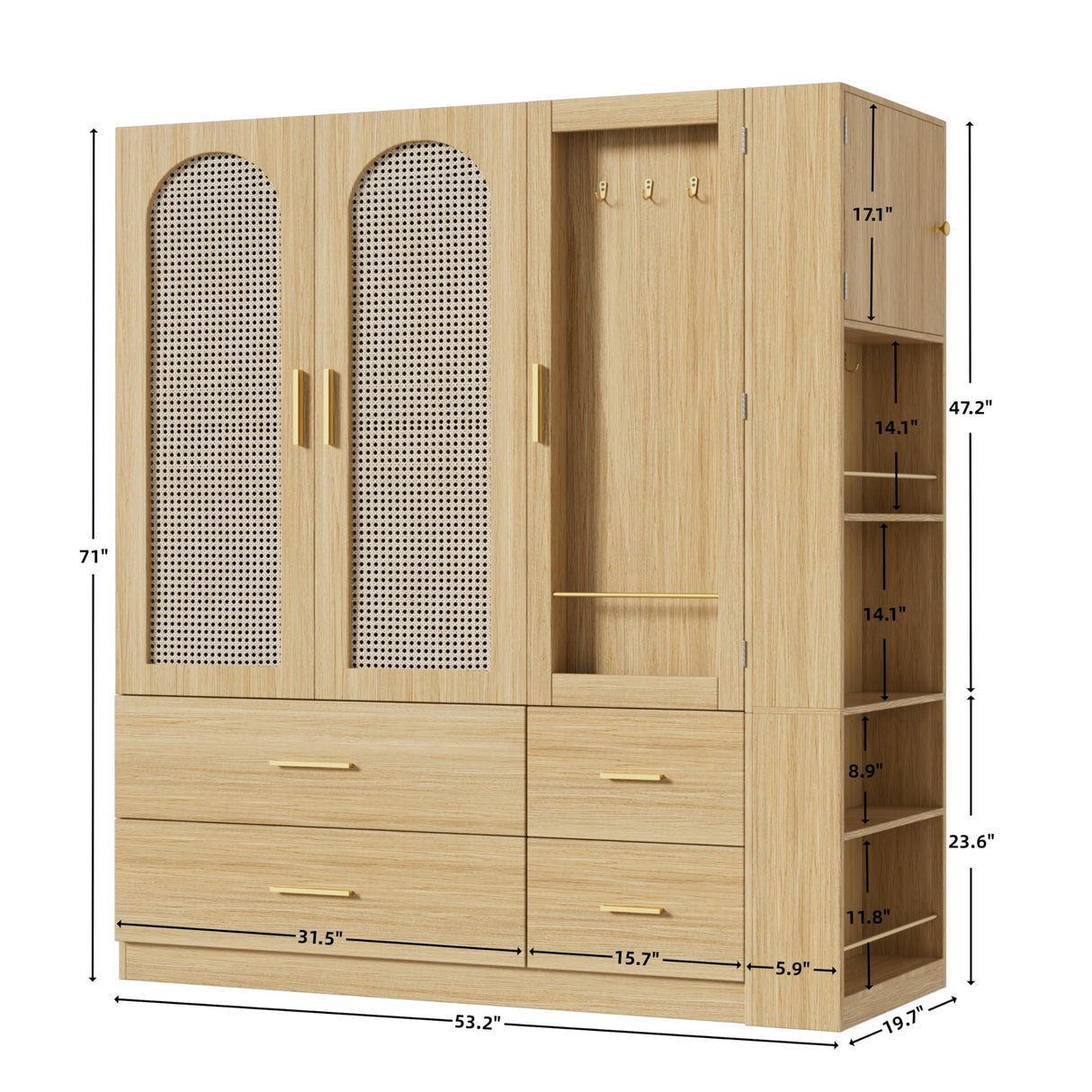 PAKASEPT 3 Doors Farmhouse Armoire Wardrobe Closet with Rattan,71'' Tall Freestanding Wooden Wardrobe Storage Cabinet for Bedroom with Hanging Rod,Vanity Mirror,Drawers,Clothes Hook,Shelves,Natural PAKASEPT