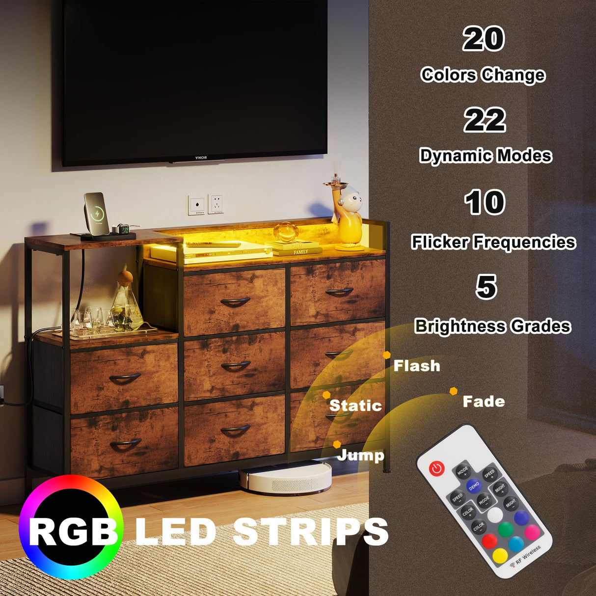 EKNKOZY Dresser with 8 Drawers, Chest of Drawers with LED Lights & Power Outlets, TV Stand Dresser for Bedroom, Wide Fabric Dresser with Shelf for Storage and Organization (Rustic Brown) EKNKOZY