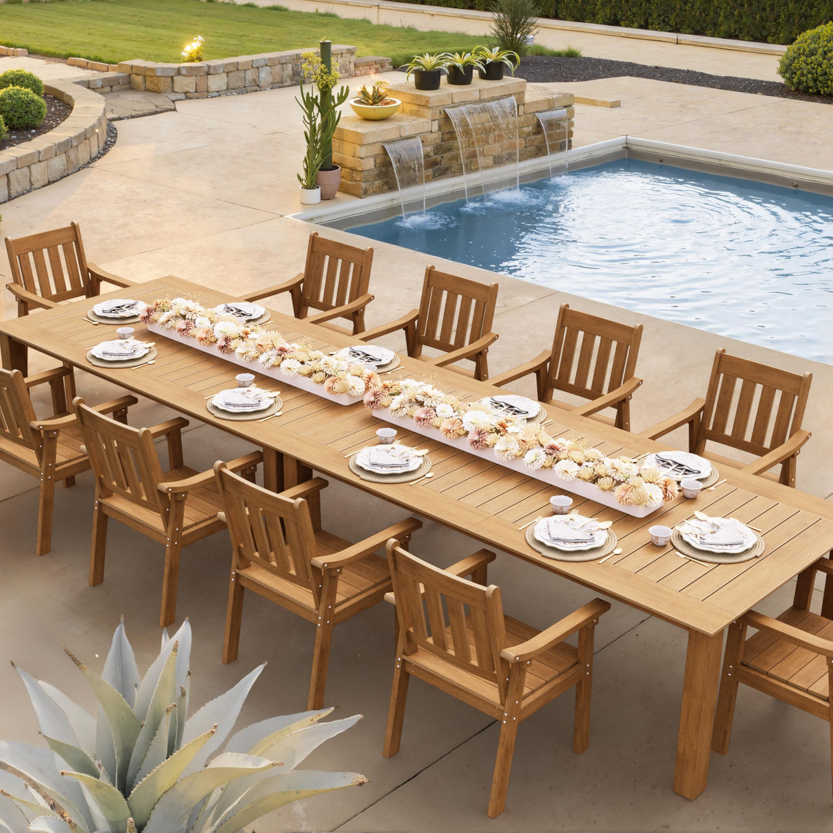 YEFU Outdoor Patio Dining Sets: All Weather 12 Piece Dining Table Set for 10 with Umbrella Hole & Aluminum Frame - Outdoor Furniture Patio 2 Table and 10 Chairs for Outside Backyard/Porch/Deck Teak YEFU