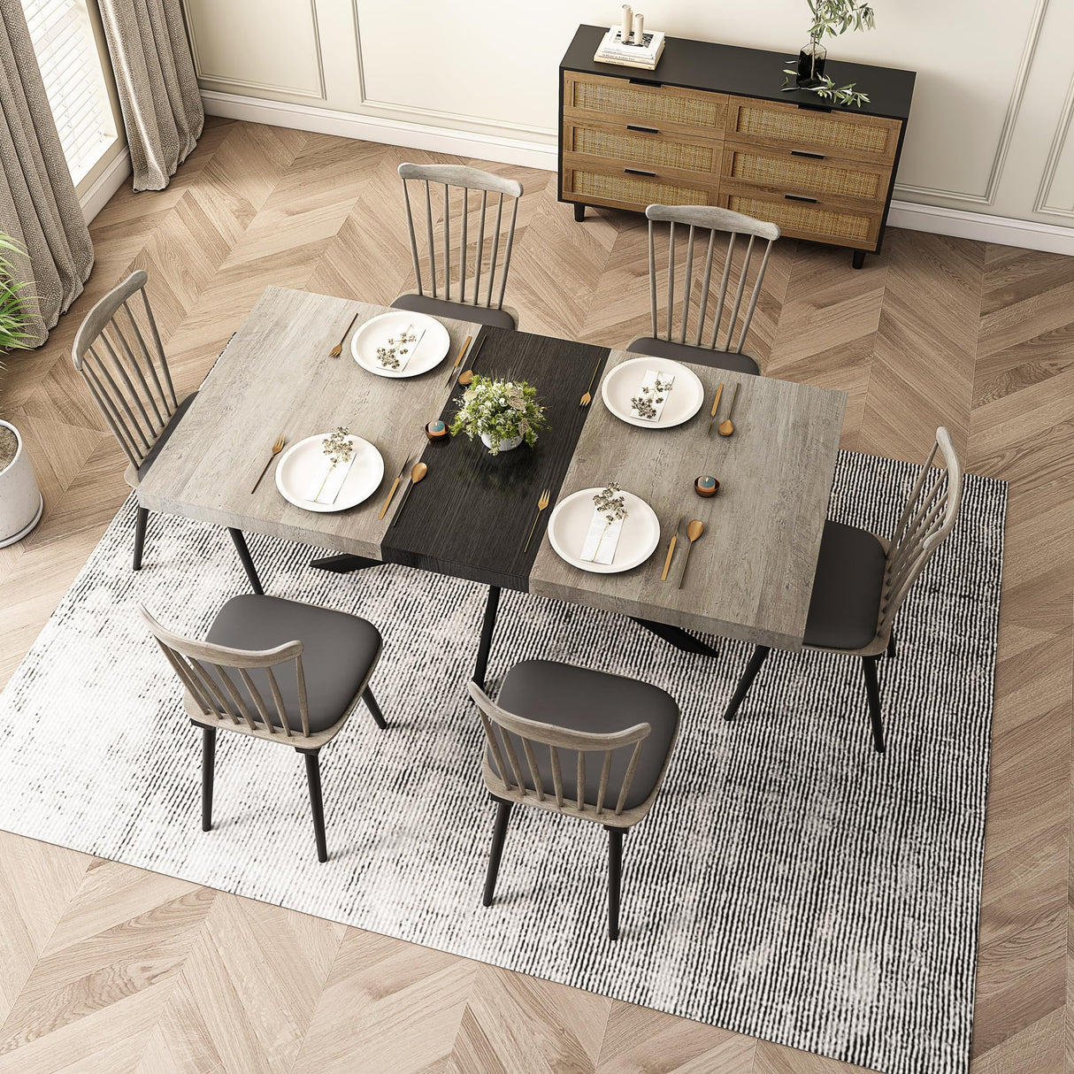 Ufurpie Grey Extendable Dining Room Table for 4 5 6 7 8 People,Large Rectangular Expandable Kitchen Table with Storage Compartment,Industrial Long Wooden Conference Meeting Table,Rustic Grey & Black Ufurpie