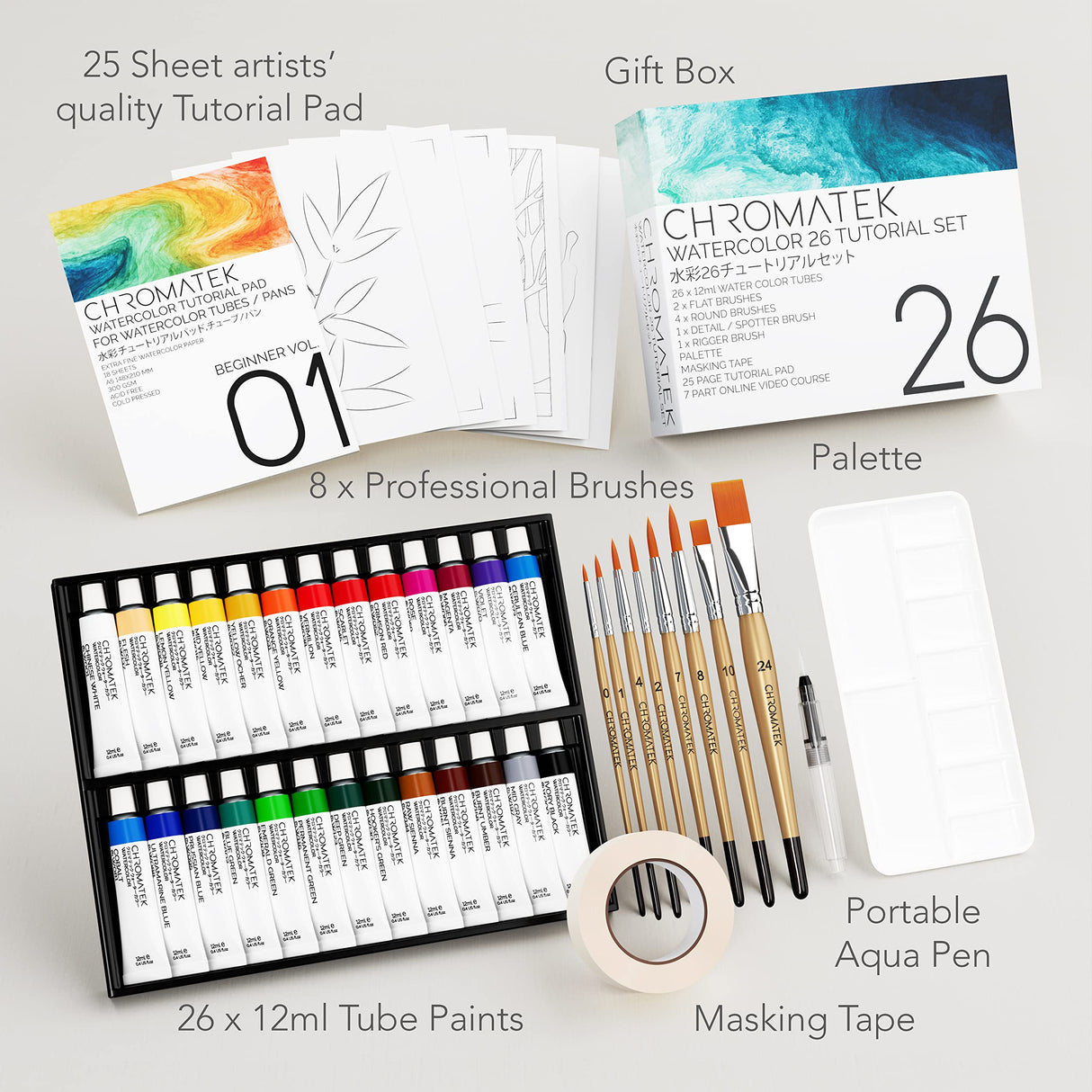 CHROMATEK Watercolor Paint Set | 62 Piece Kit | Video Tutorial Course | Adults, Kids, Beginner & Professional Artists | Paper, 8 Brushes, Palette, Aquapen, Masking Tape | 12ml Tubes CHROMATEK