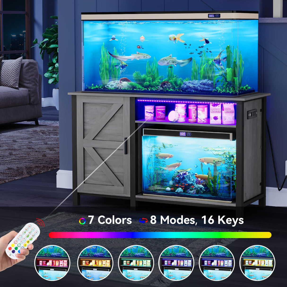 YITAHOME Aquarium Stand with Power Outlets, 55-75 Gallon Fish Tank Stand, Cabinet with RGB Light Strip Suitable for Turtle Tank, Reptile Terrarium, 900LBS Capacity, Grey YITAHOME