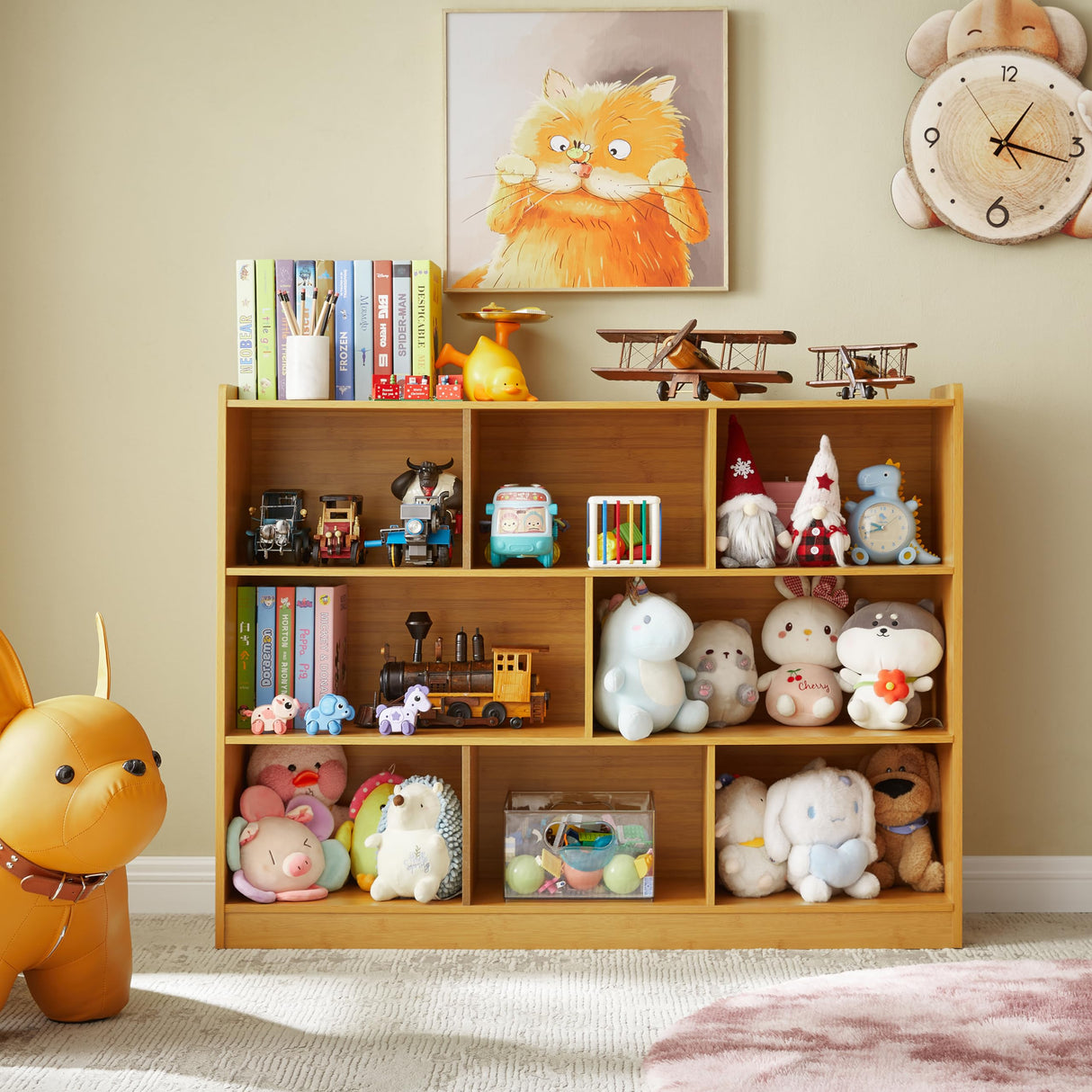 3-Tier Bookshelf, 8-Section Wooden Bookcase, Storage Organizer with Anti-Tilt Device, Modern Storage Display Cabinet for Living Room, Classroom, Kid’s Room (Natural) Onirw