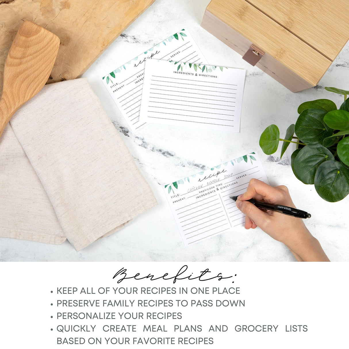 Pera Blanca Recipe Box with Cards and Dividers | Recipe Card Box Faux Leather Handle | 50 Eucalyptus Patterned Recipe Cards and Box Set | Wooden Recipe Box | Housewarming Gift | Recipe Box 4x6 Pera Blanca