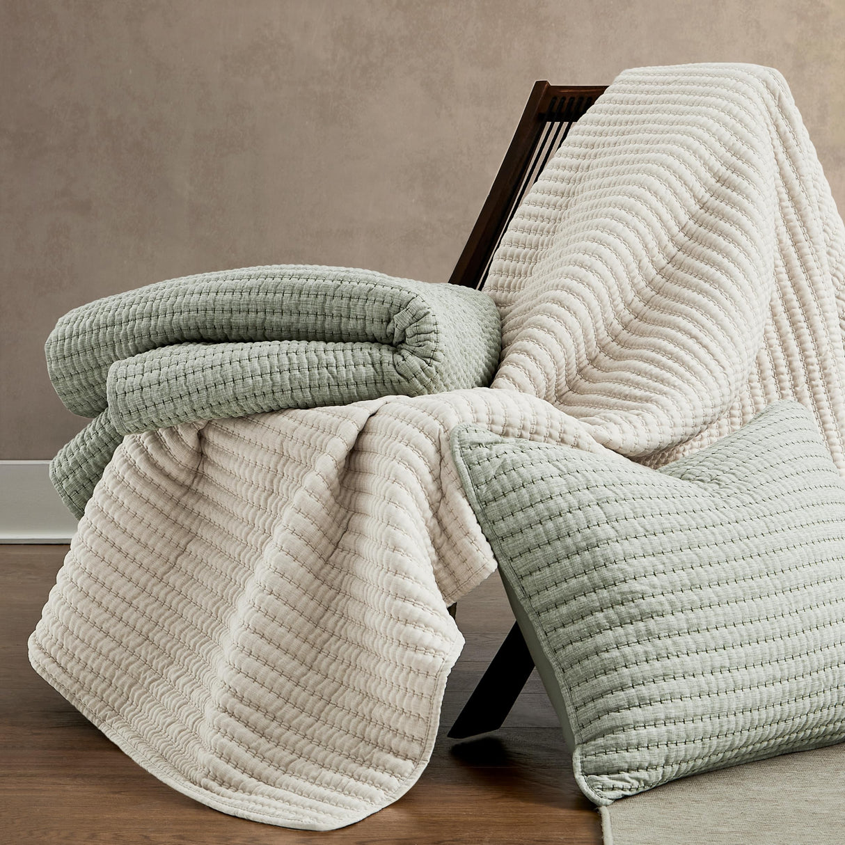 WDCOZY Beige Pick Stitch Queen Size Quilt Set, Striped Lightweight Soft Summer Spring Bedspread, Bamboo Linen Like Textured Coverlet, Chambray Farmhouse Country Rustic Bedding, Netural Thin Comforter WDCOZY