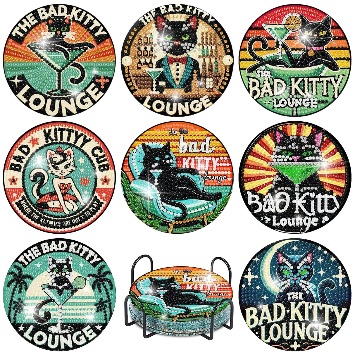 Yijingtop 8PCS Funny Cat Diamond Painting Coaster Kit with Holder,Bad Kitty Diamond Art Coasters,Crafts Kits for DIY Coasters Diamond Art Kits for Adults Yijingtop