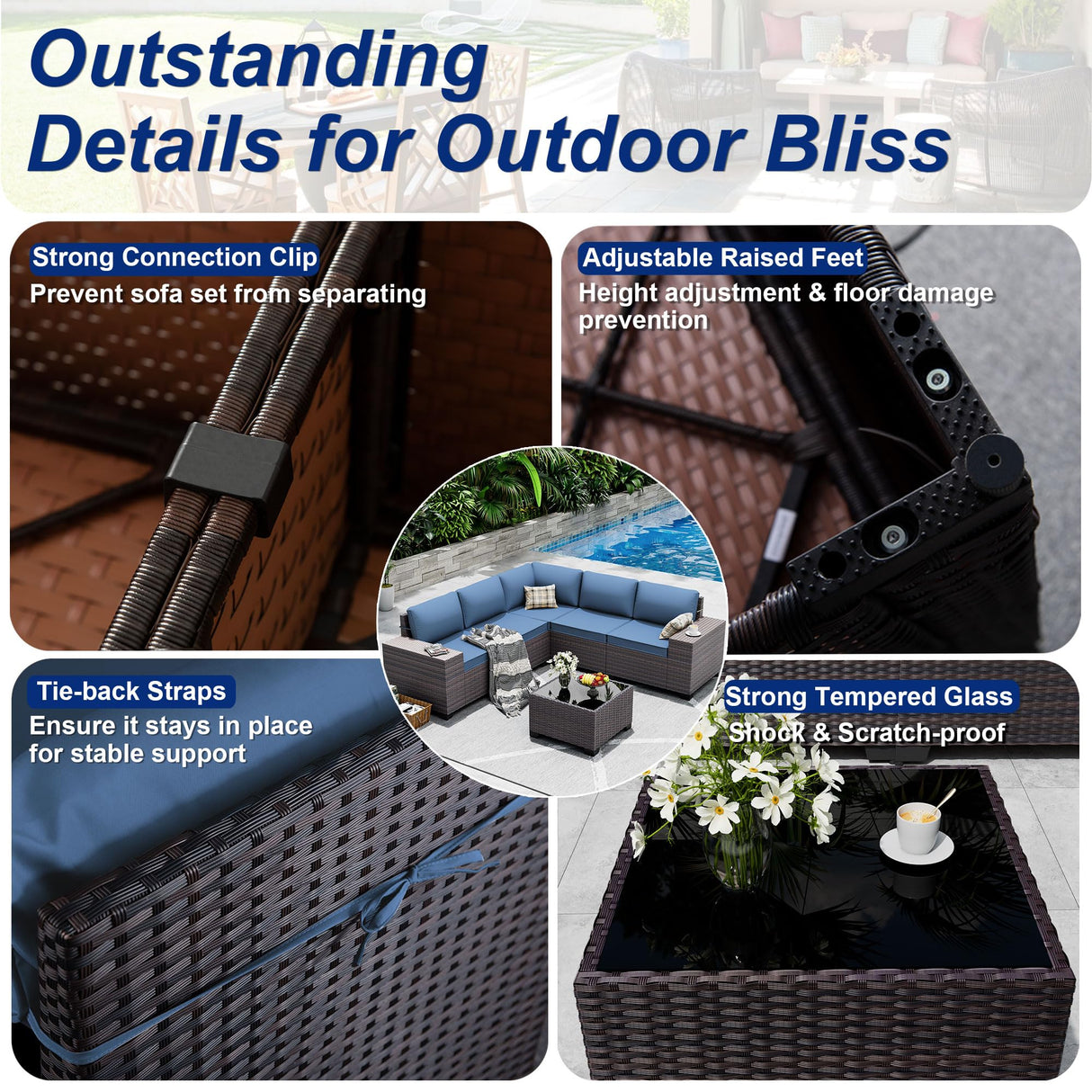 ASJMR Outdoor Patio Furniture Set, 12 Pieces Outdoor Sectional Furniture High Backrest Patio Set, All-Weather PE Rattan Patio Conversation Set w/Coffee Tables & Cushions-(Dark Blue) ASJMR