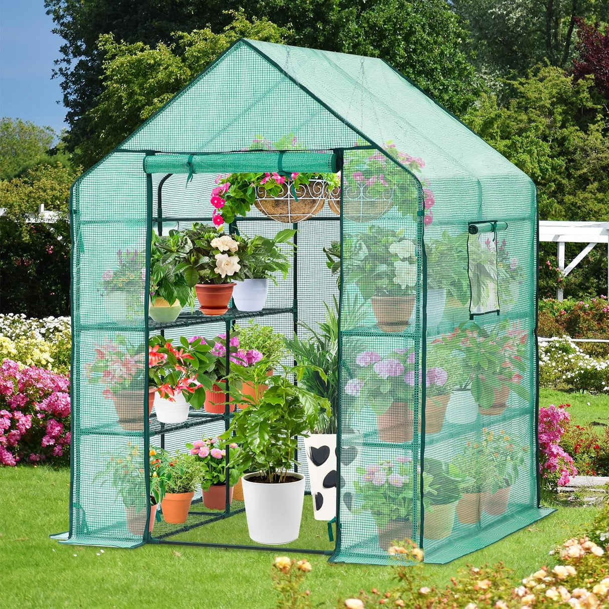 Greenhouse for Outdoors with Screen Windows, Ohuhu Walk in Plant Greenhouses Heavy Duty with Durable PE Cover, 3 Tiers 12 Shelves Stands 4.8x4.8x6.3 FT Plastic Portable Green House with Shelf Clips Ohuhu
