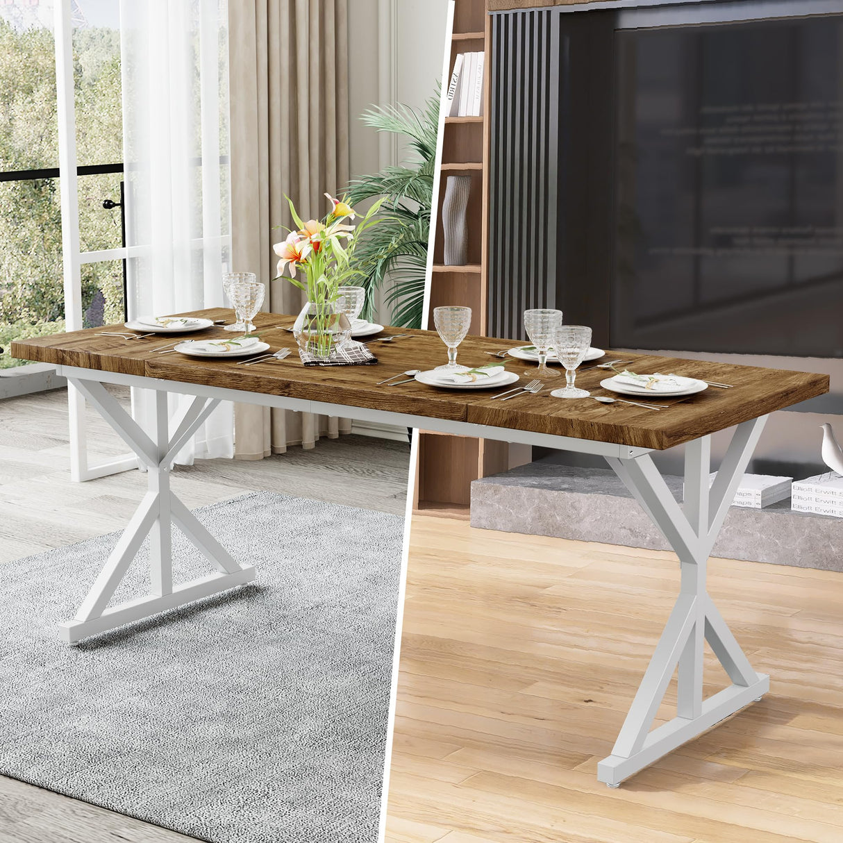 AMICLIBER Farmhouse Dining Table for 6-8 People, 70.8 Inch Rectangular Wood Dining Table, Rustic Kitchen Table with Extra Heavy Duty Metal Legs for Dining Room - Rustic Oak/White AMICLIBER