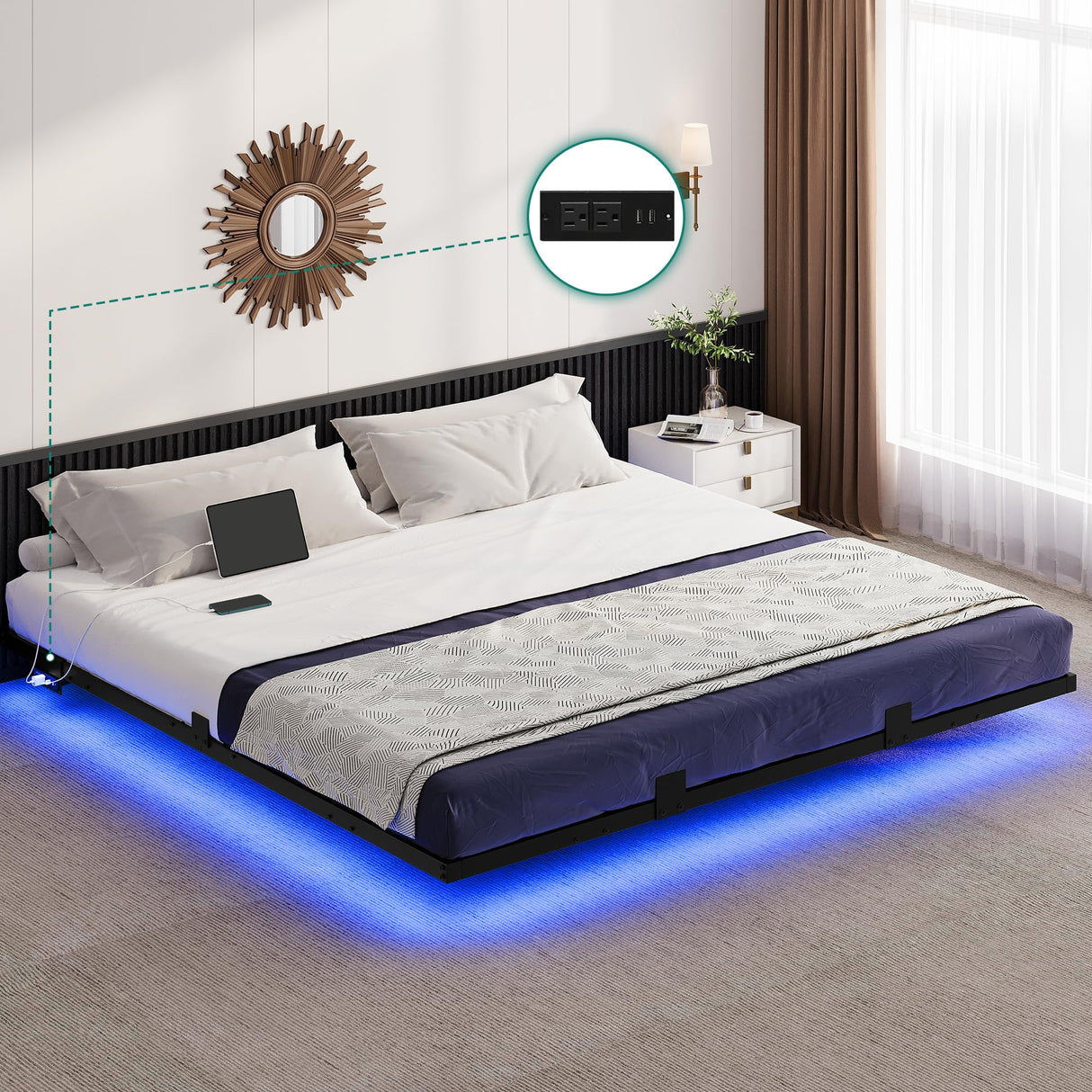 YITAHOME Floating Bed Frame King Size,Floating Bed with LED Lights & Charging Station, Metal Platform Bed Frame with Heavy Duty Steel Slats, No Box Spring Needed, Black YITAHOME